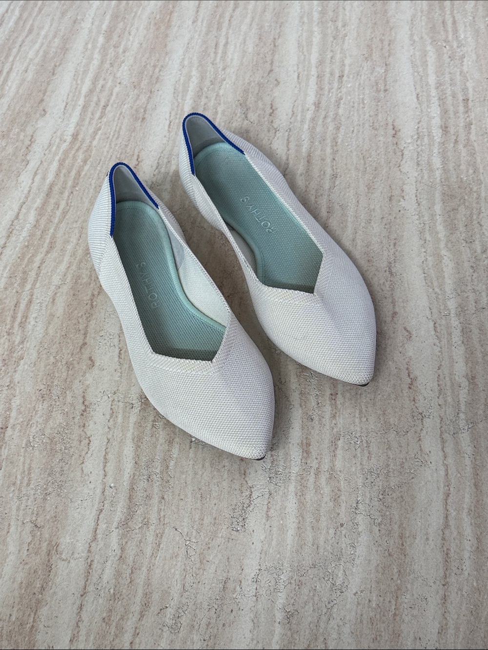 Rothy's Pointed Toe Flats in Off-White with Blue Trim